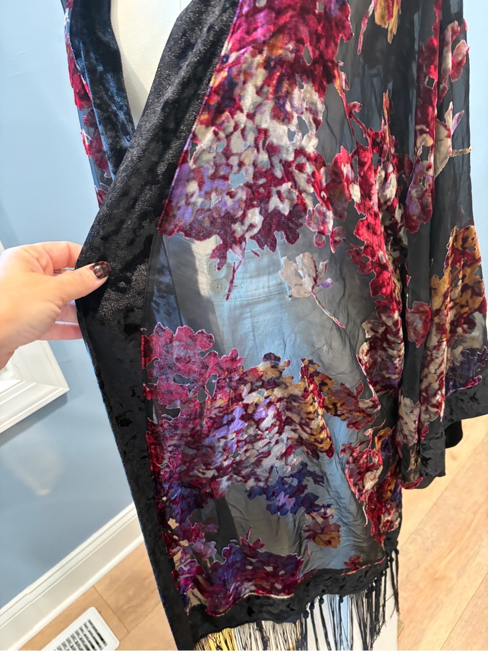 Cacique Floral Burnout Velvet Fringe Kimono Duster Black Burgundy Plus 18/20 - Picture 6 of 9